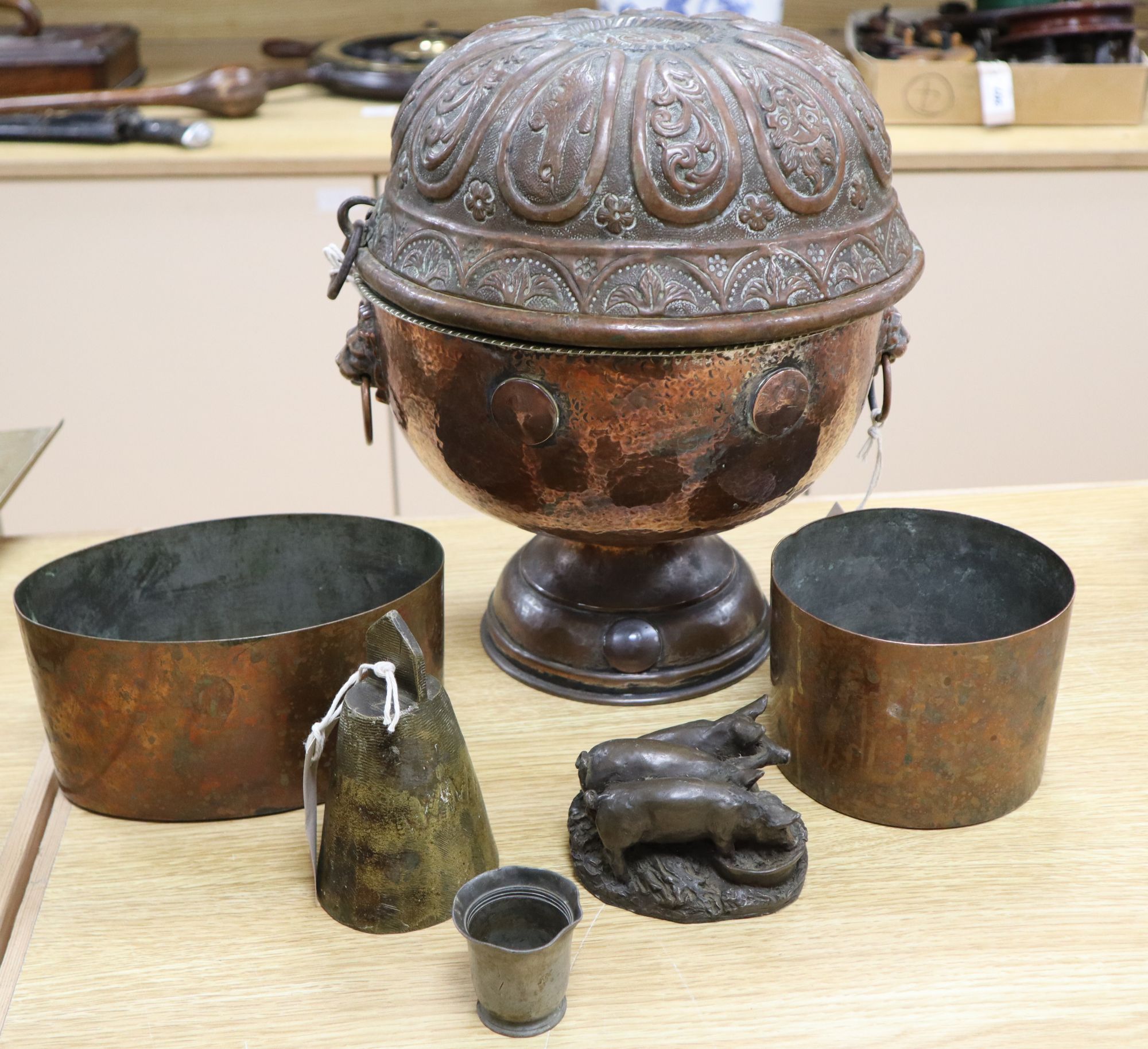 A set of three Georgian gilt bronze fire implements, a similar brass shovel and sundries,